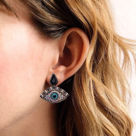 Any 2/$20! Gold/Crystal Blue Evil Eye Earrings - Picture 3 of 9